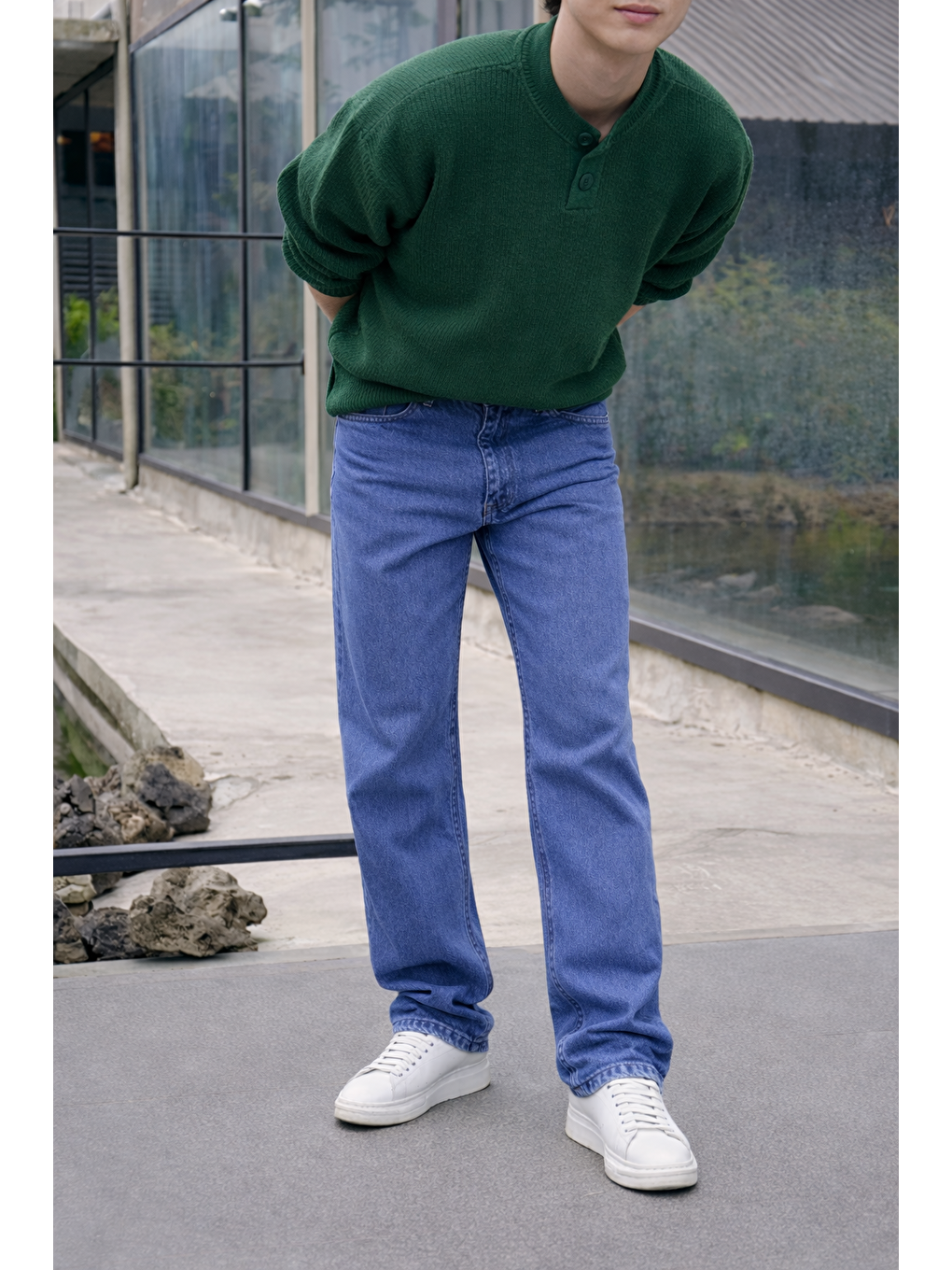 Erkek %100 Pamuk Mavi Bol Paça Baggy Pantolon-1