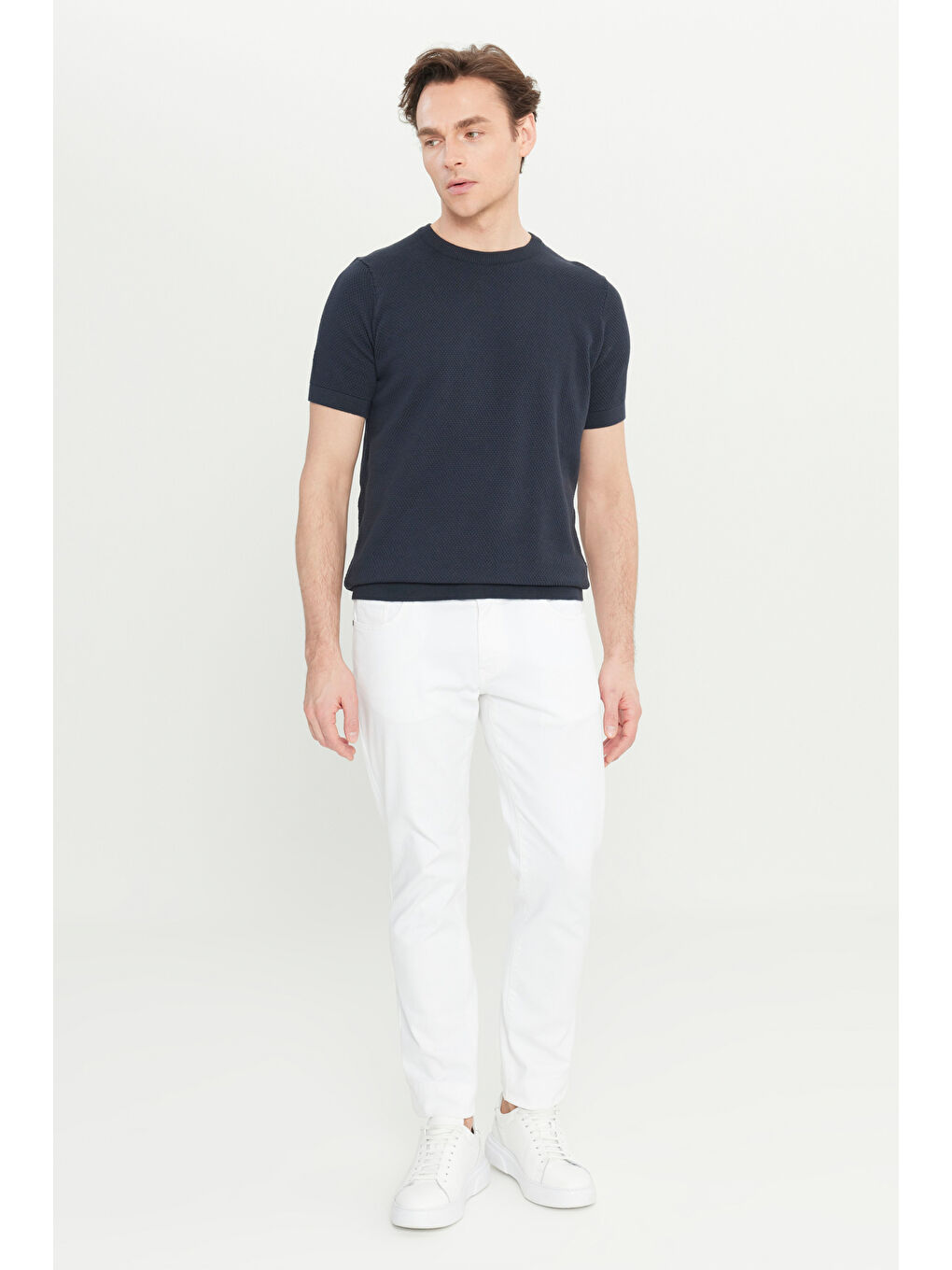Erkek Lacivert %100 Pamuk Standart Fit Normal Kesim Bisiklet Yaka Triko Tişört-1