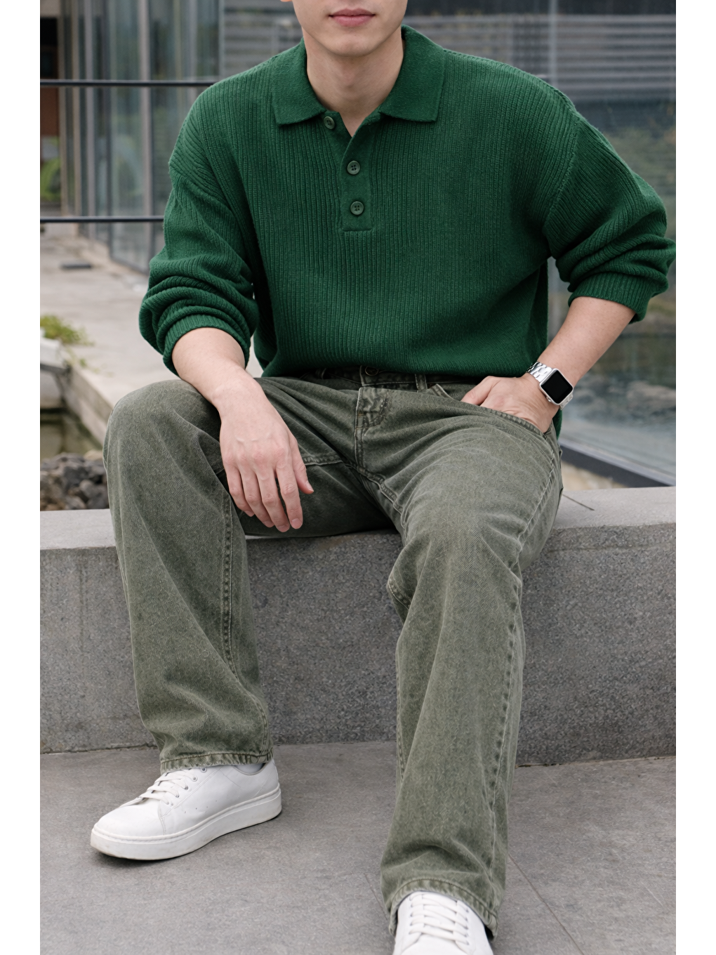 Erkek %100 Pamuk Haki Bol Paça Baggy Pantolon-3