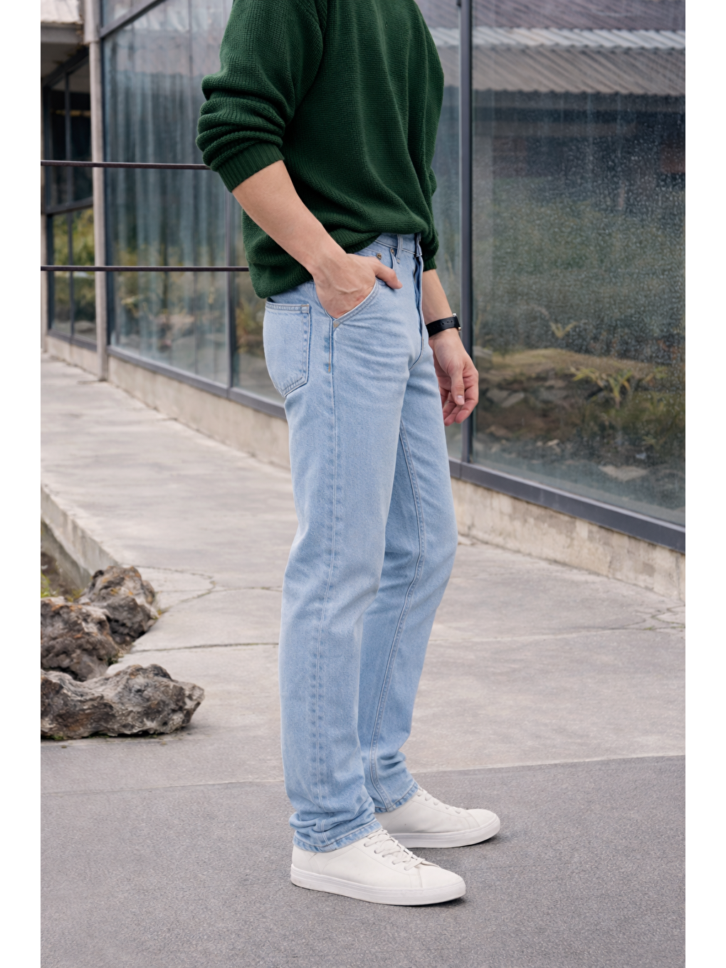 Erkek %100 Pamuk B.Mavi Bol Paça Baggy Pantolon-4