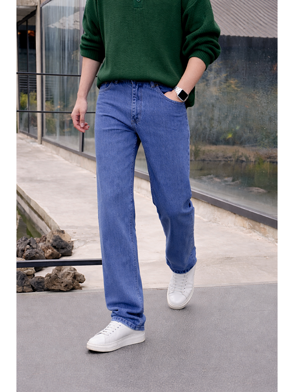 Erkek %100 Pamuk Mavi Bol Paça Baggy Pantolon-2