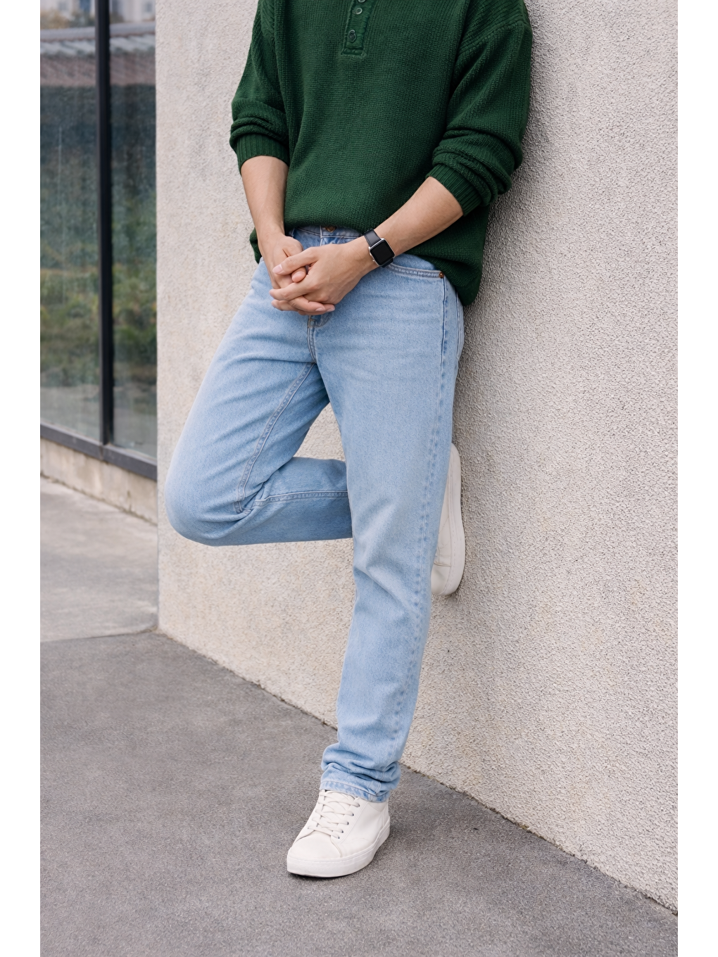 Erkek %100 Pamuk B.Mavi Bol Paça Baggy Pantolon-5