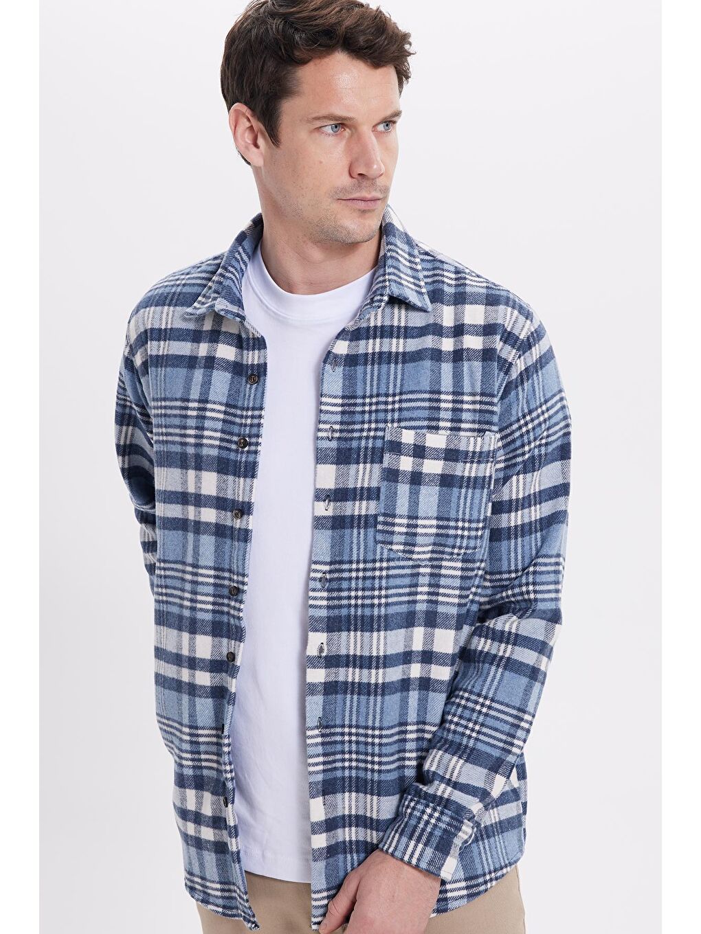 Lacivert Erkek Regular Fit Rahat Kesim Kışlık Kareli Oduncu Gömlek