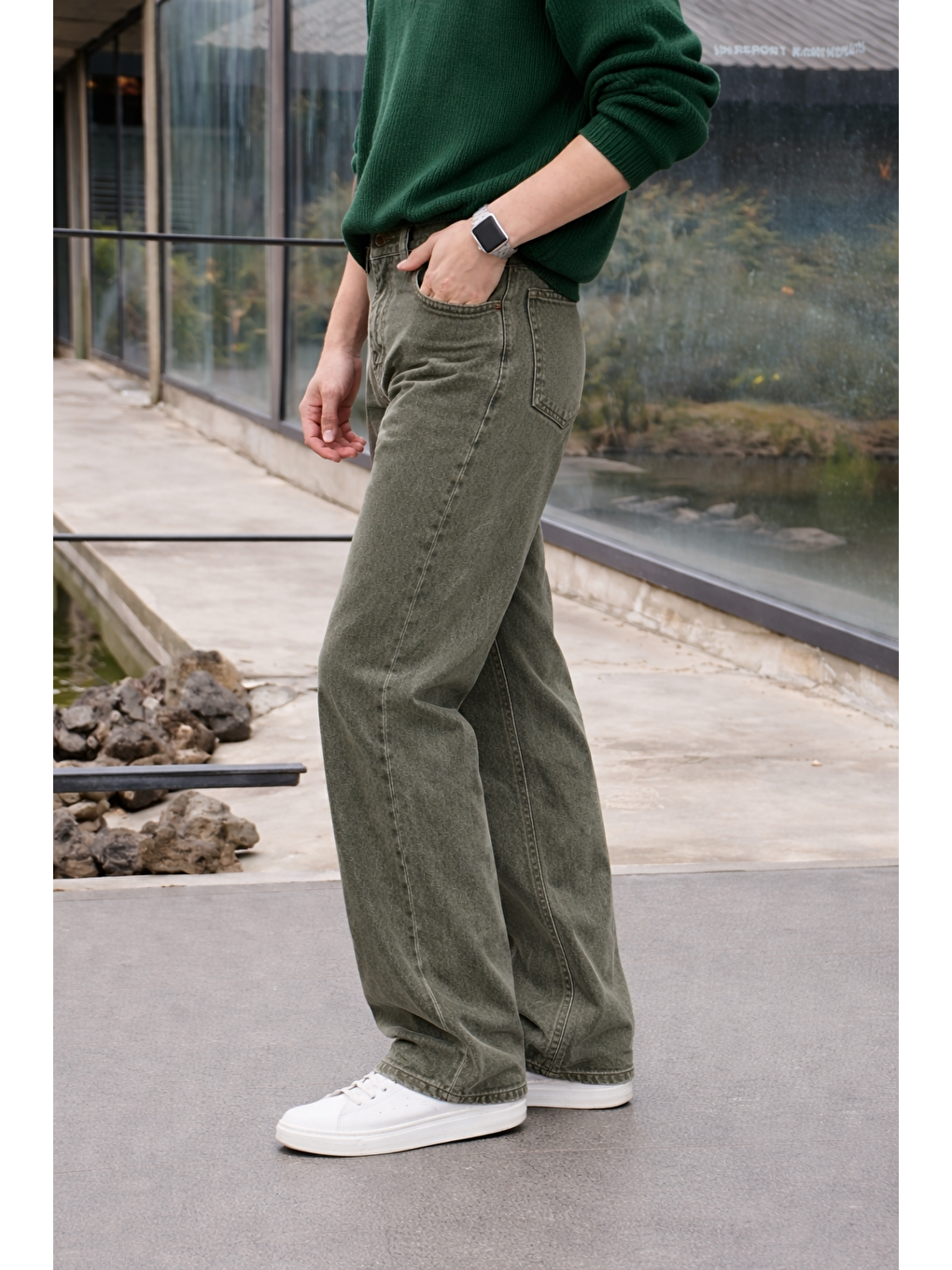 Erkek %100 Pamuk Haki Bol Paça Baggy Pantolon-4