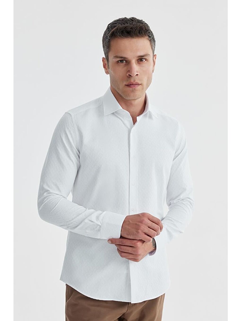 Beyaz Slim Fit Desenli Klasik Kravatlık Pamuklu Gömlek-1