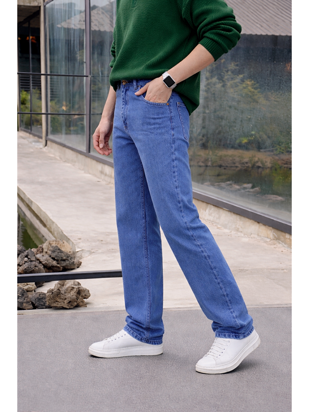 Erkek %100 Pamuk Mavi Bol Paça Baggy Pantolon-4