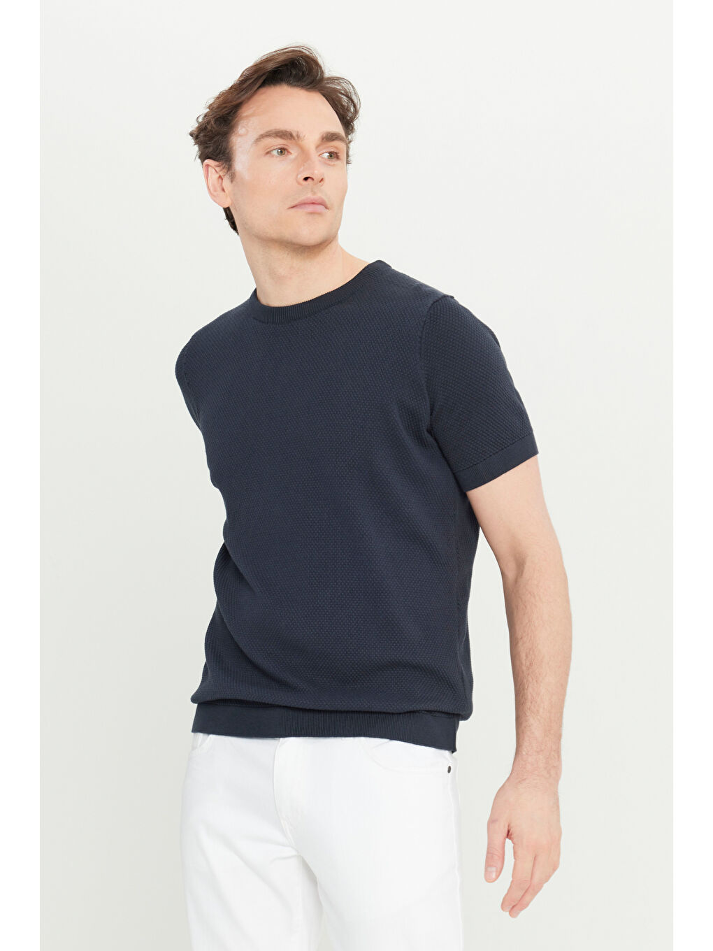 Erkek Lacivert %100 Pamuk Standart Fit Normal Kesim Bisiklet Yaka Triko Tişört-2