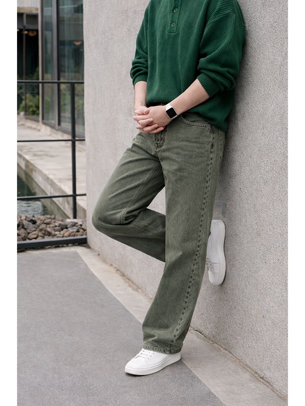 Erkek %100 Pamuk Haki Bol Paça Baggy Pantolon-5