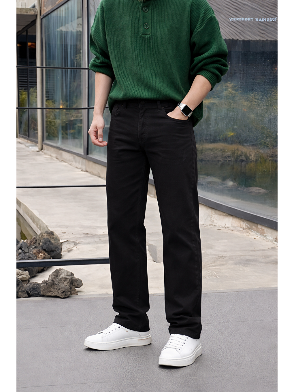 Erkek %100 Pamuk Siyah Bol Paça Baggy Pantolon