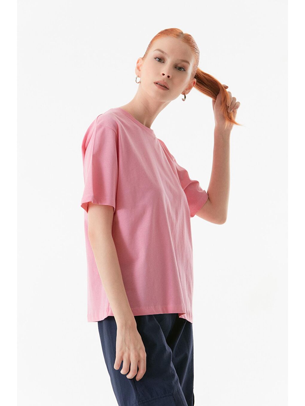 Pembe Arkası Baskılı Oversize Tişört-4