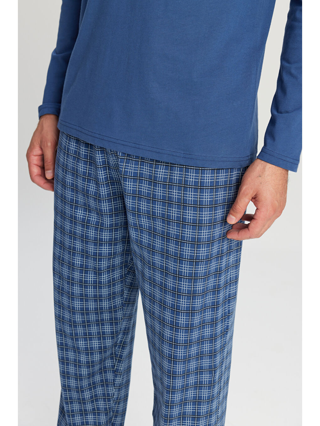 Erkek İndigo %100 Pamuk Standart Fit Hakim Yaka Desenli Cepli Pijama Takımı-3