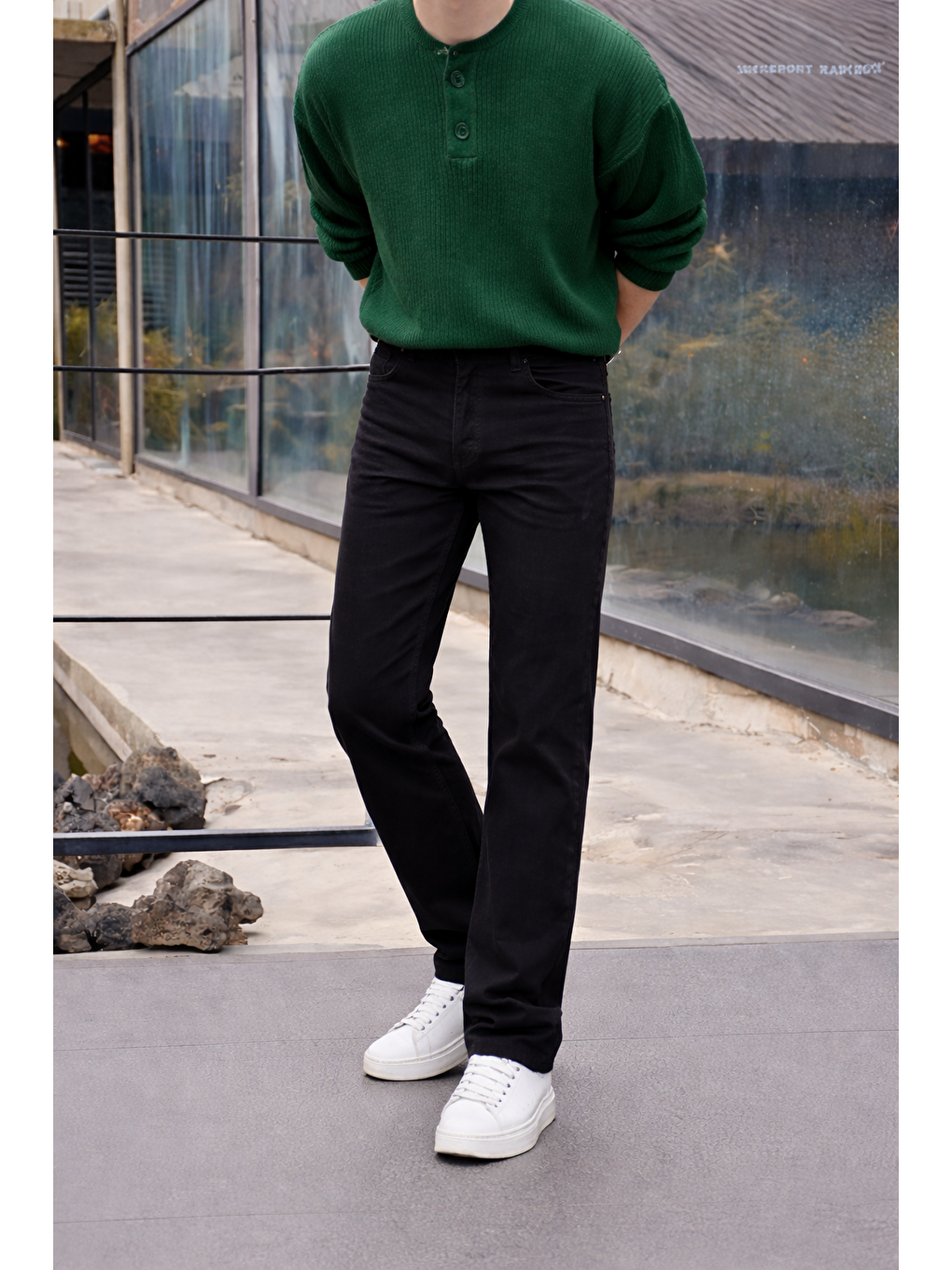 Erkek %100 Pamuk Siyah Bol Paça Baggy Pantolon-1