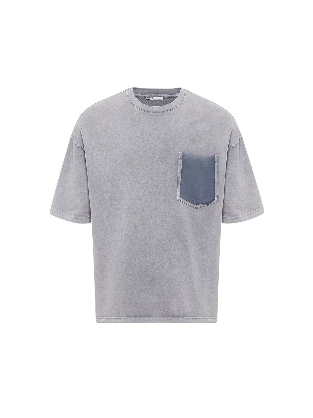 Yıkamalı Cep Detaylı Oversize Tişört Gri-1