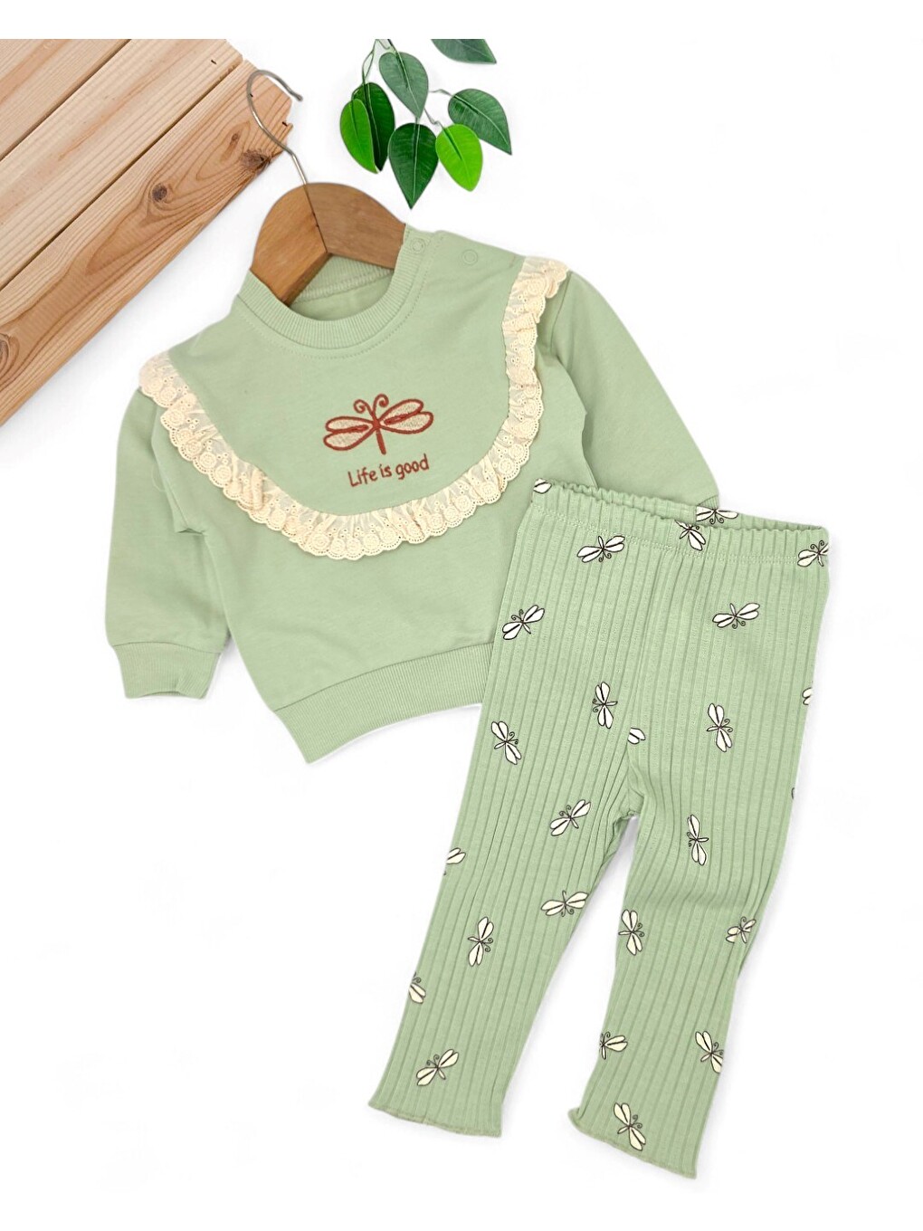 Yeşil Kız Bebek Kelebek Nakışlı, Fitilli Taytlı, Fırfır Detaylı 6-9-12-18-24 Ay Bebek Takımı