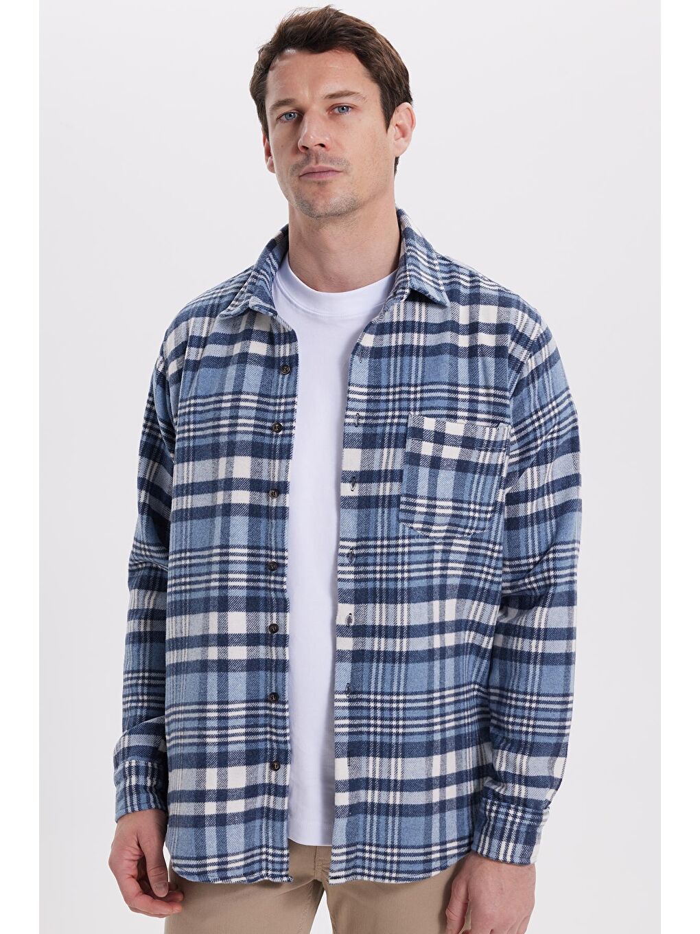 Lacivert Erkek Regular Fit Rahat Kesim Kışlık Kareli Oduncu Gömlek-3