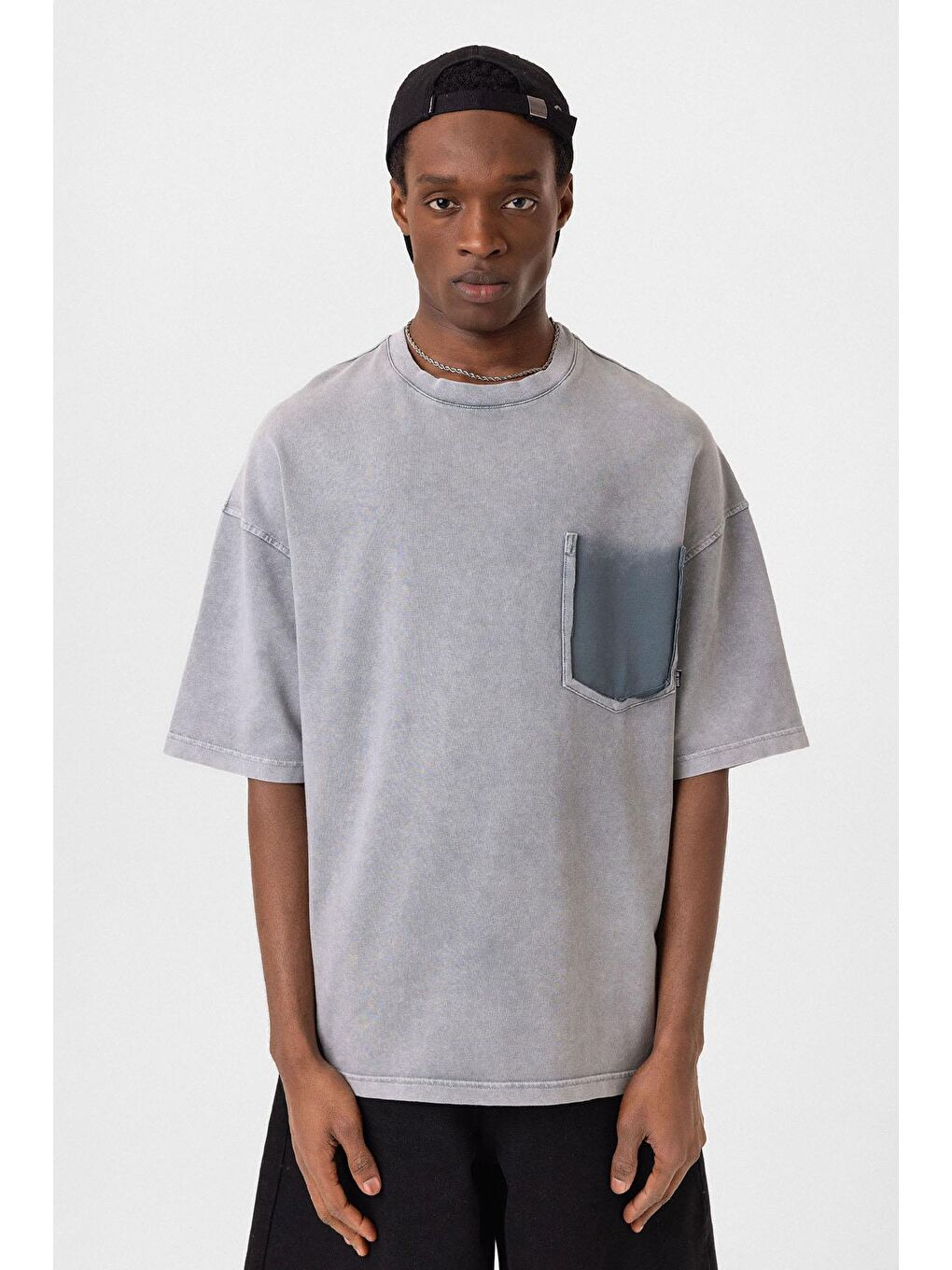Yıkamalı Cep Detaylı Oversize Tişört Gri-2