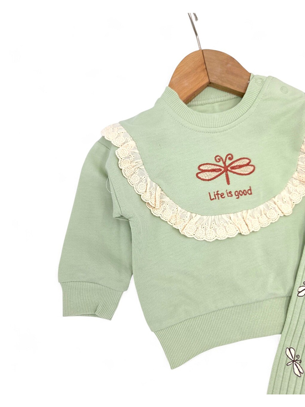 Yeşil Kız Bebek Kelebek Nakışlı, Fitilli Taytlı, Fırfır Detaylı 6-9-12-18-24 Ay Bebek Takımı-1