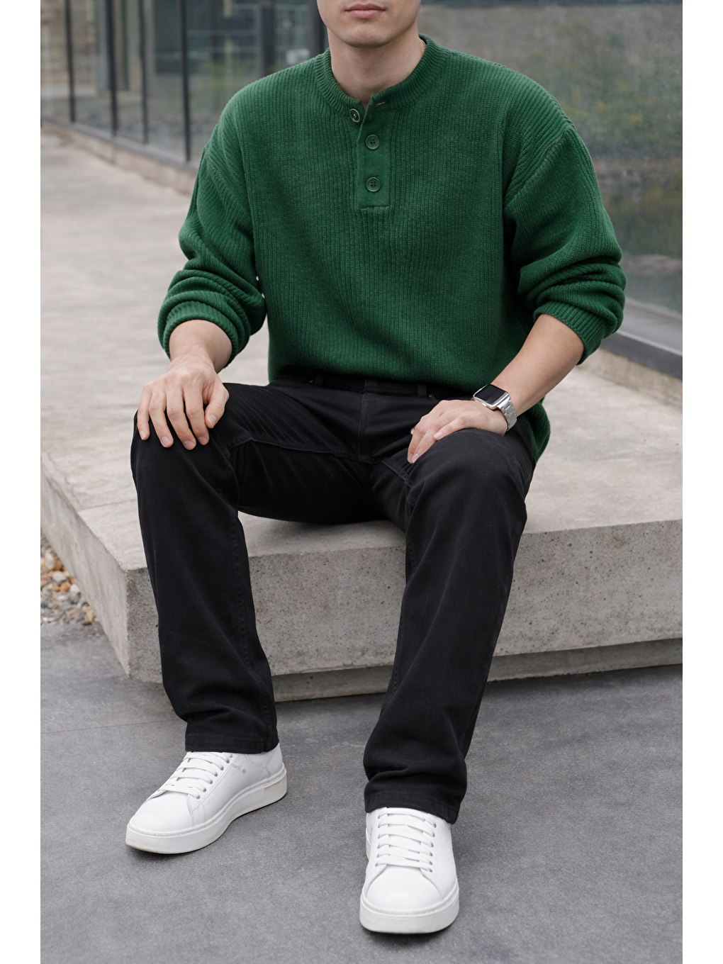 Erkek %100 Pamuk Siyah Bol Paça Baggy Pantolon-3