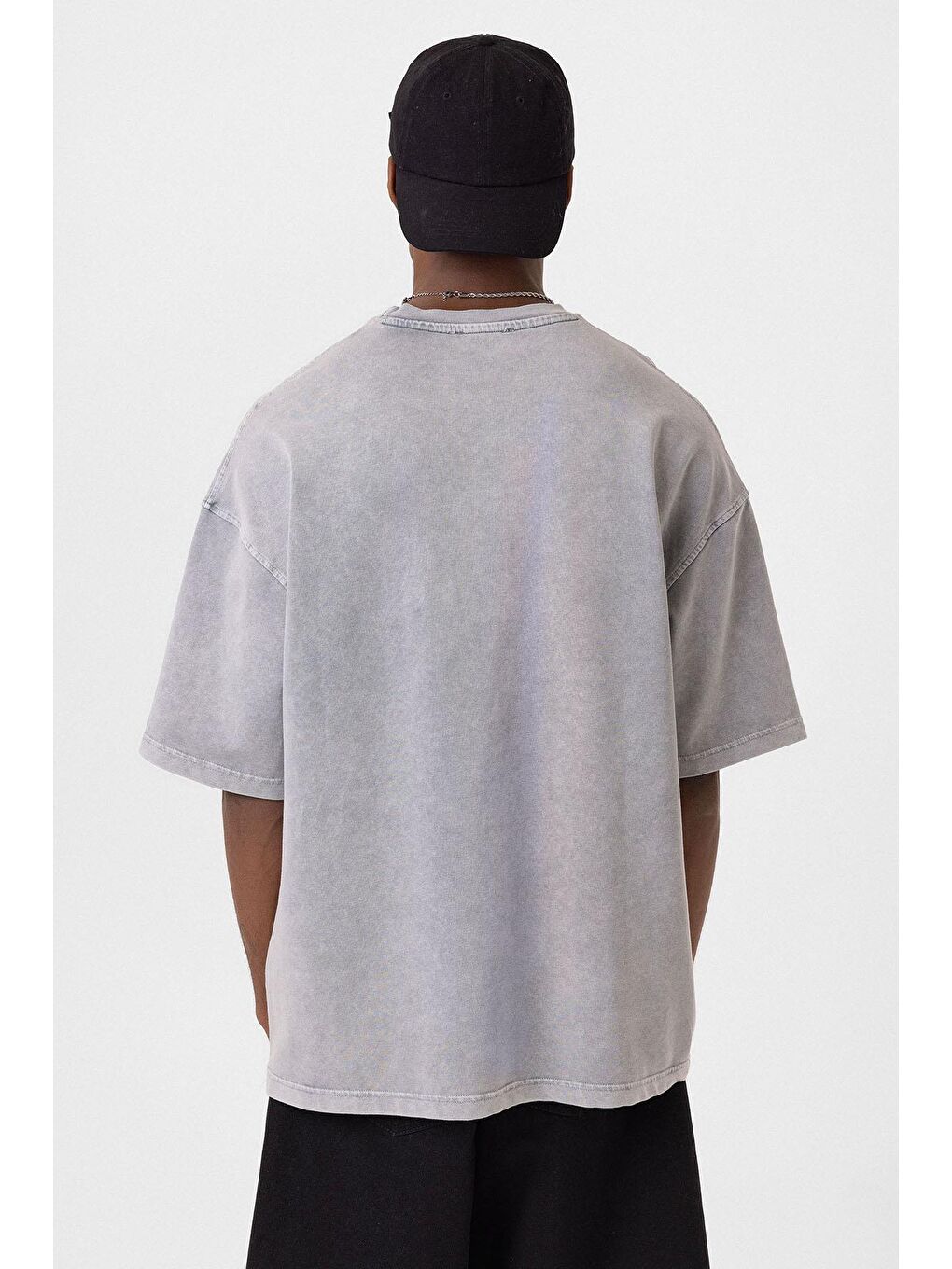 Yıkamalı Cep Detaylı Oversize Tişört Gri-4