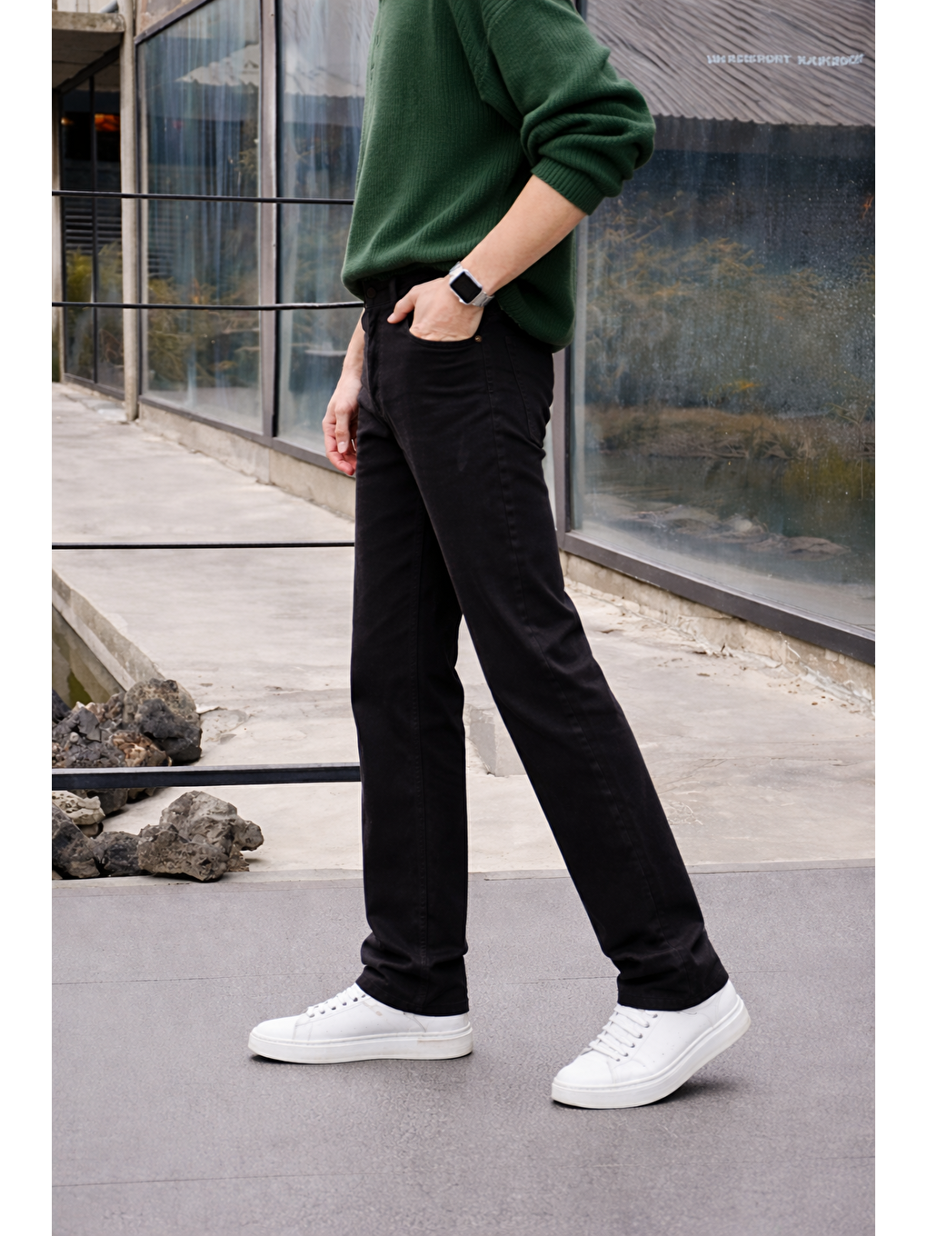 Erkek %100 Pamuk Siyah Bol Paça Baggy Pantolon-4