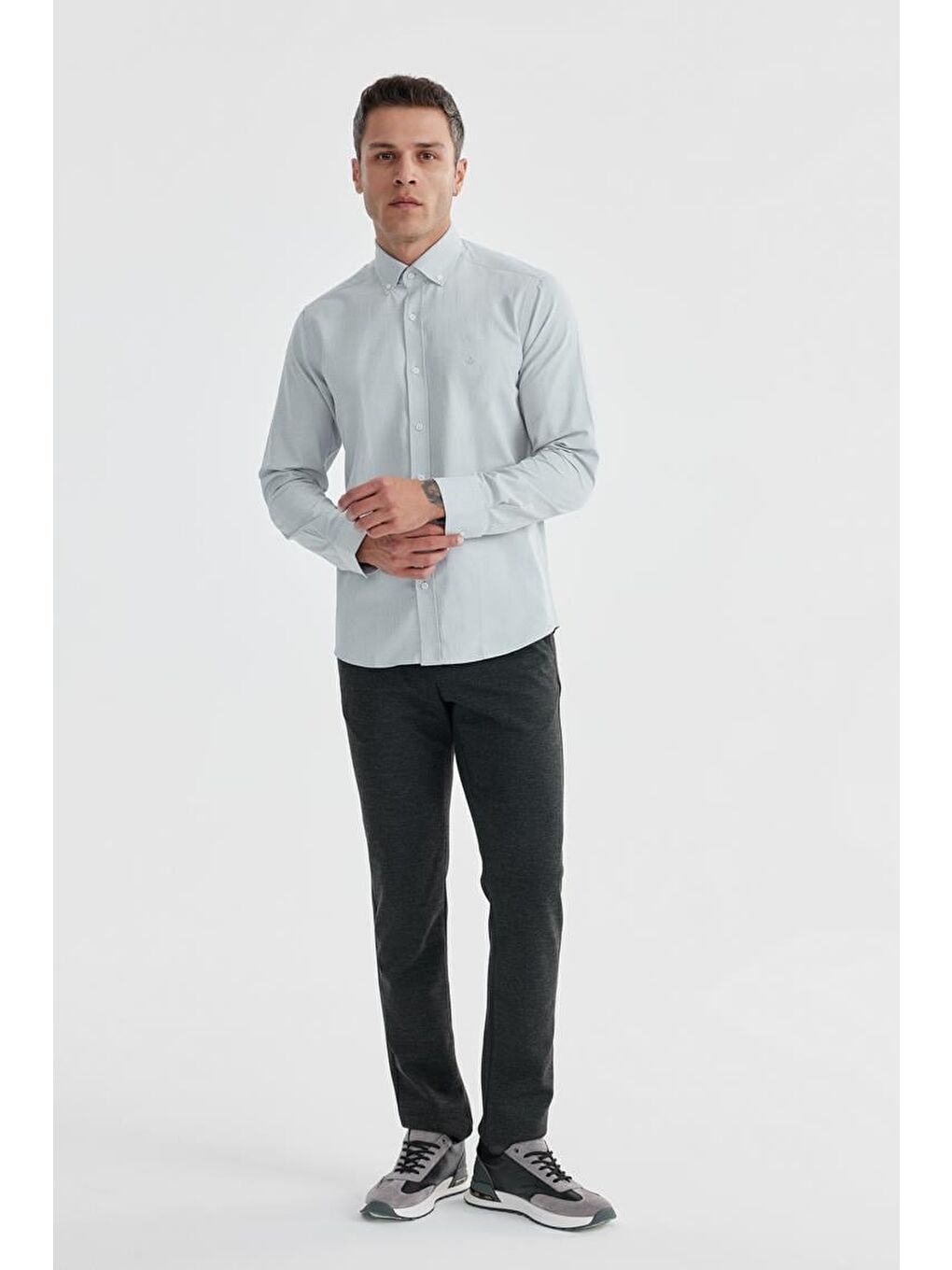 Gri Slim Fit Desenli Pamuklu Düğmeli Yaka Gömlek