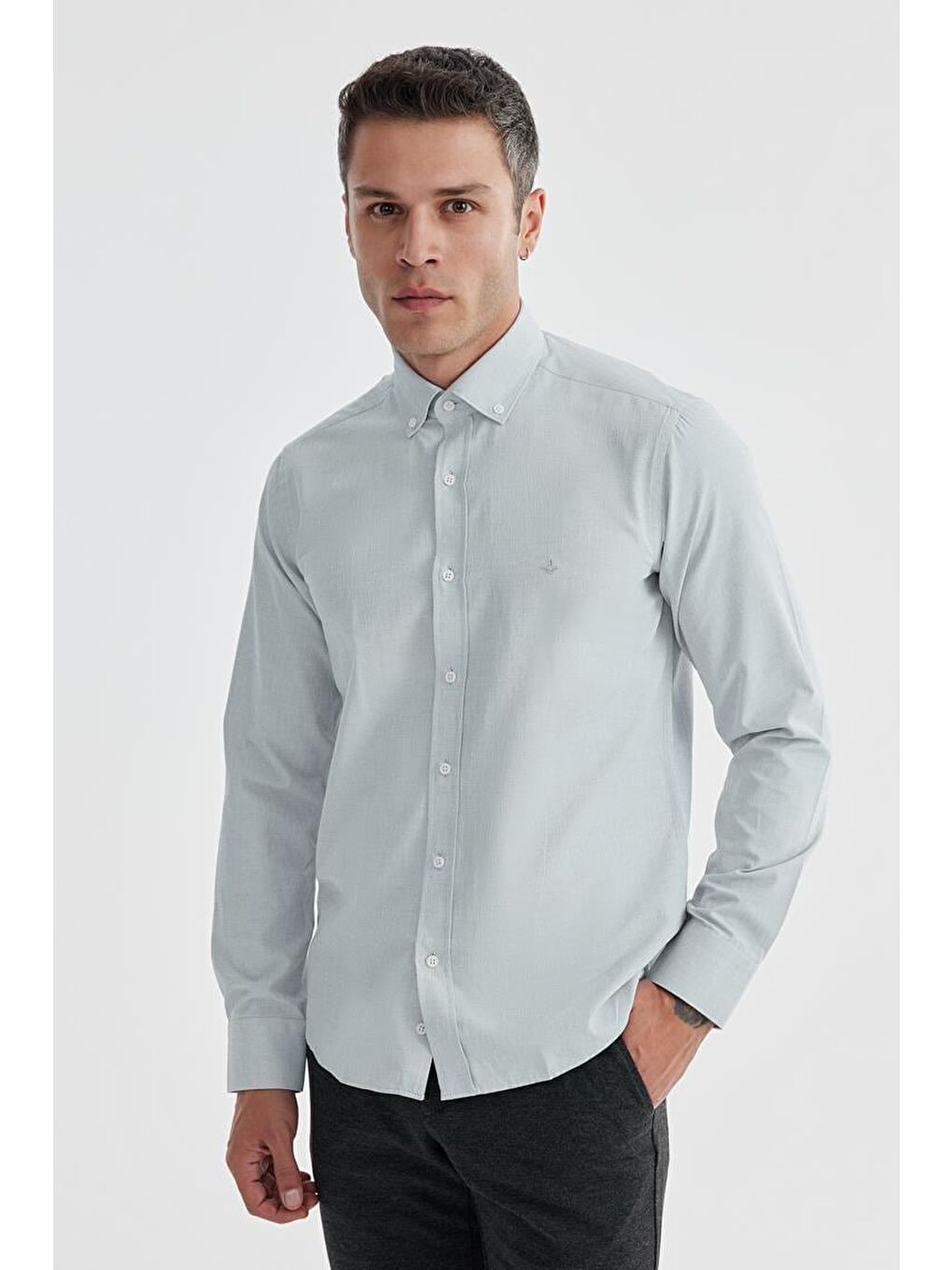 Gri Slim Fit Desenli Pamuklu Düğmeli Yaka Gömlek-1