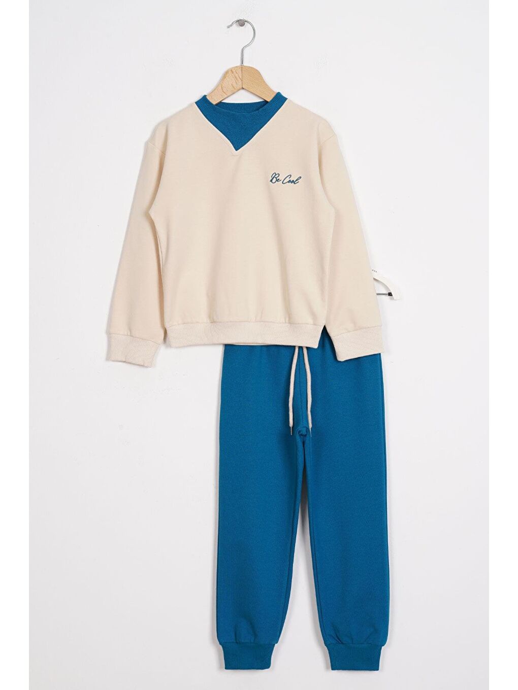 Bej Bisiklet Yaka Uzun Kol Yaka Renk Detaylı Bel Lastikli Taş Renk Erkek Çocuk İkili Takım