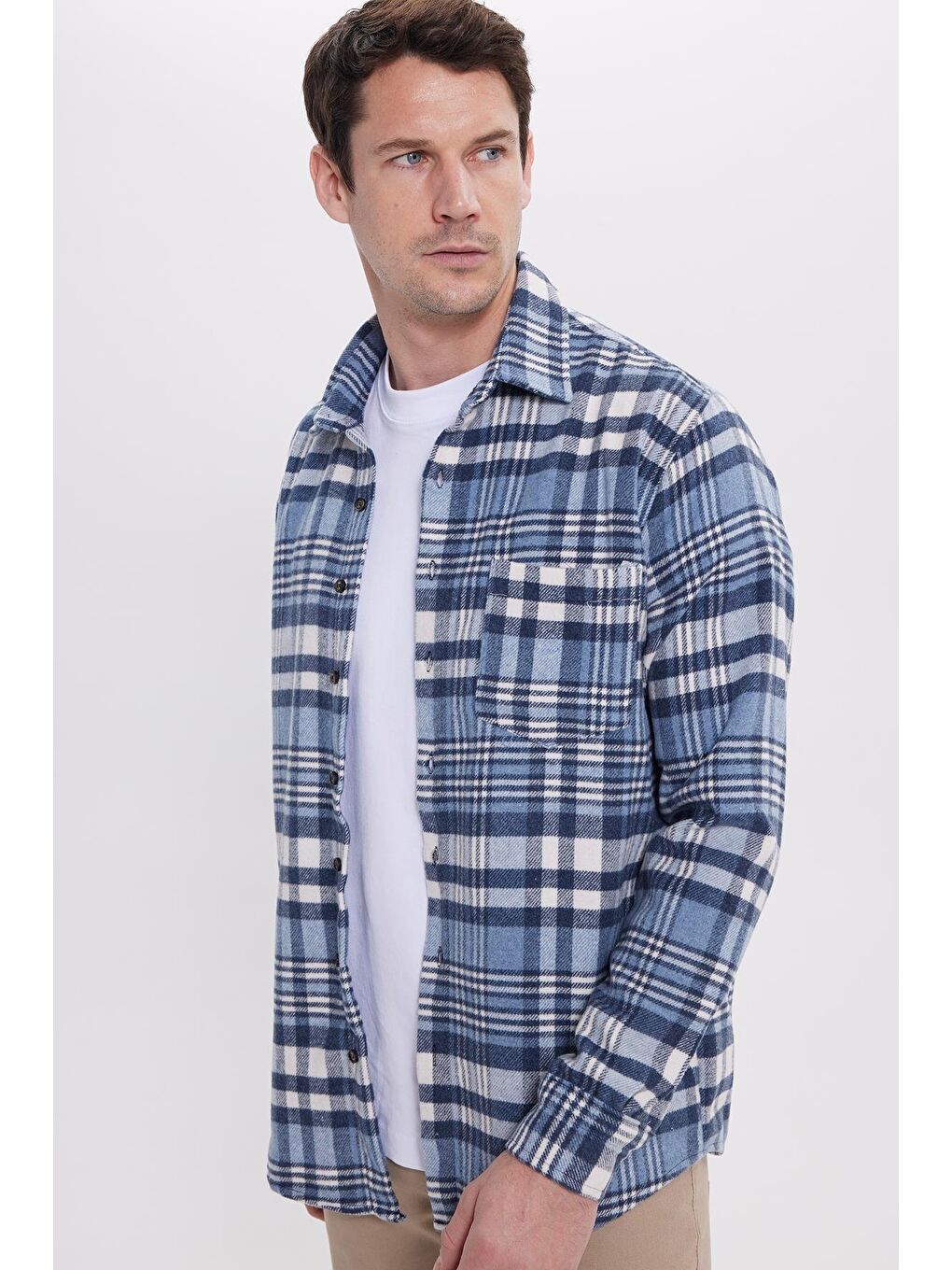 Lacivert Erkek Regular Fit Rahat Kesim Kışlık Kareli Oduncu Gömlek-7