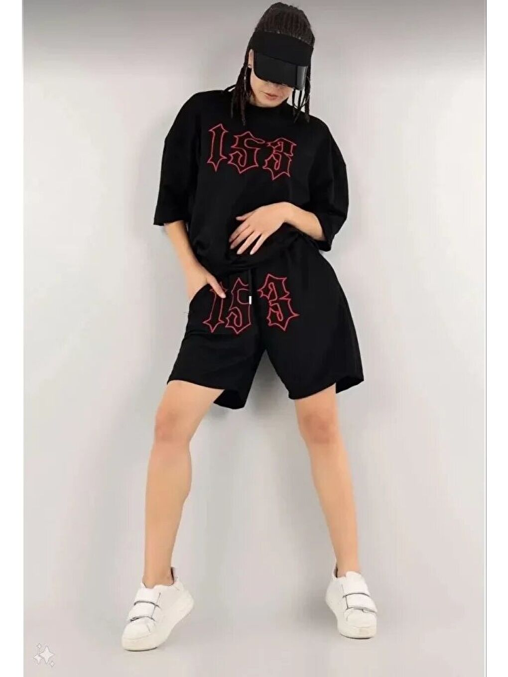 Unisex Nakış İşlemeli Şort Takım - Siyah-1