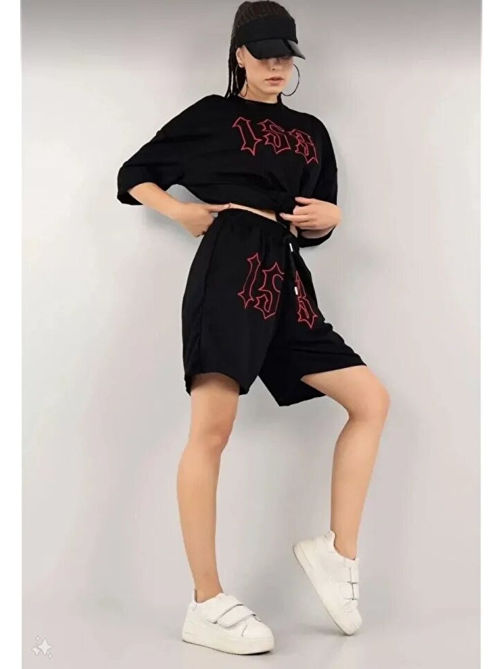 Unisex Nakış İşlemeli Şort Takım - Siyah-2