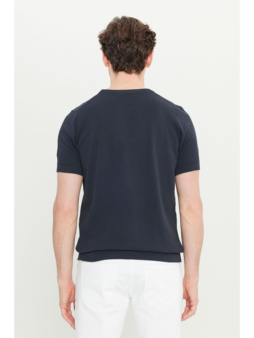 Erkek Lacivert %100 Pamuk Standart Fit Normal Kesim Bisiklet Yaka Triko Tişört-4