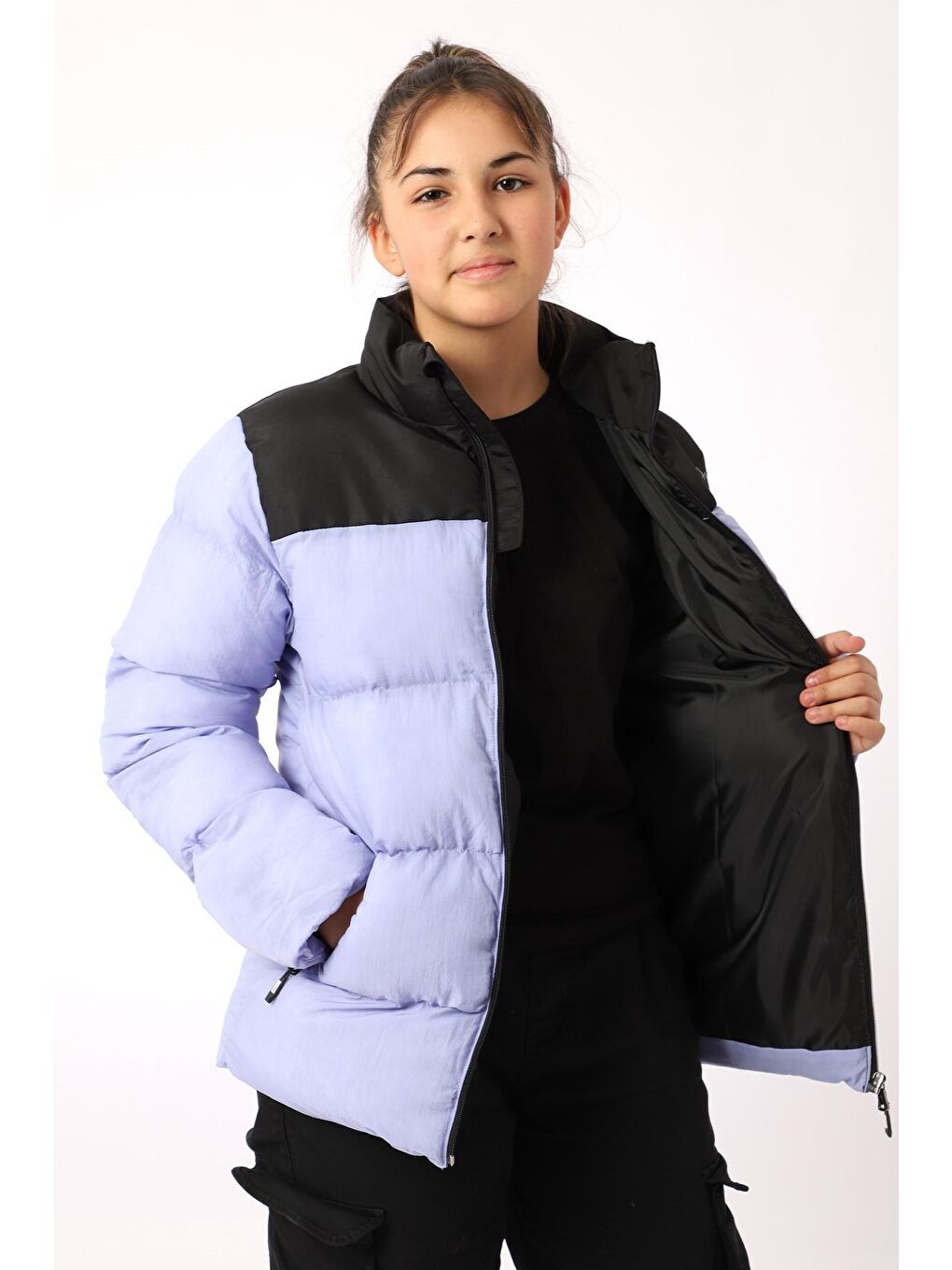 Lila Kız Çocuk Fermuarlı Astarlı Kalın Şişme Mont-1