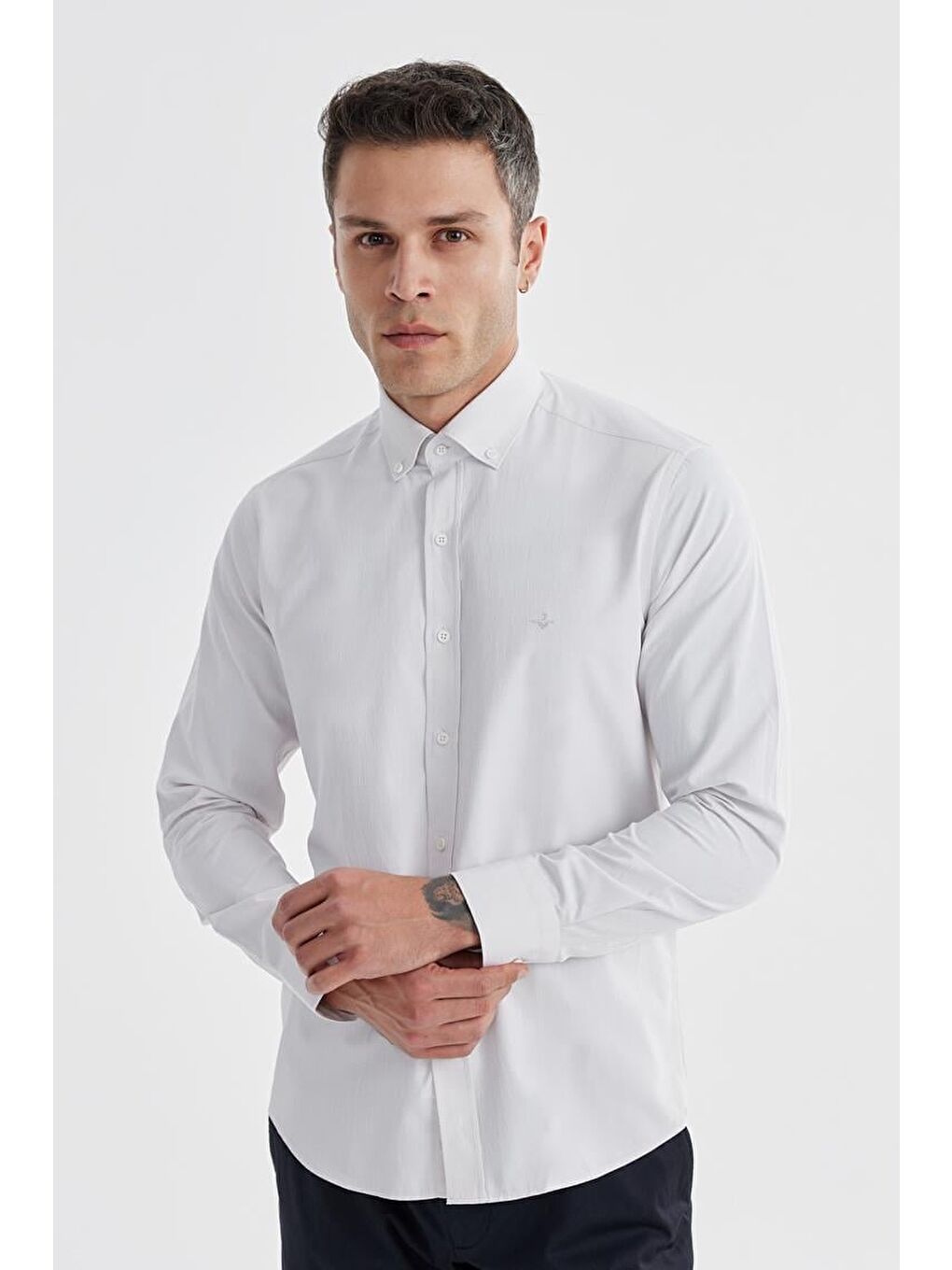 Ekru Krem Slim Fit Desenli Pamuklu Düğmeli Yaka Gömlek-1