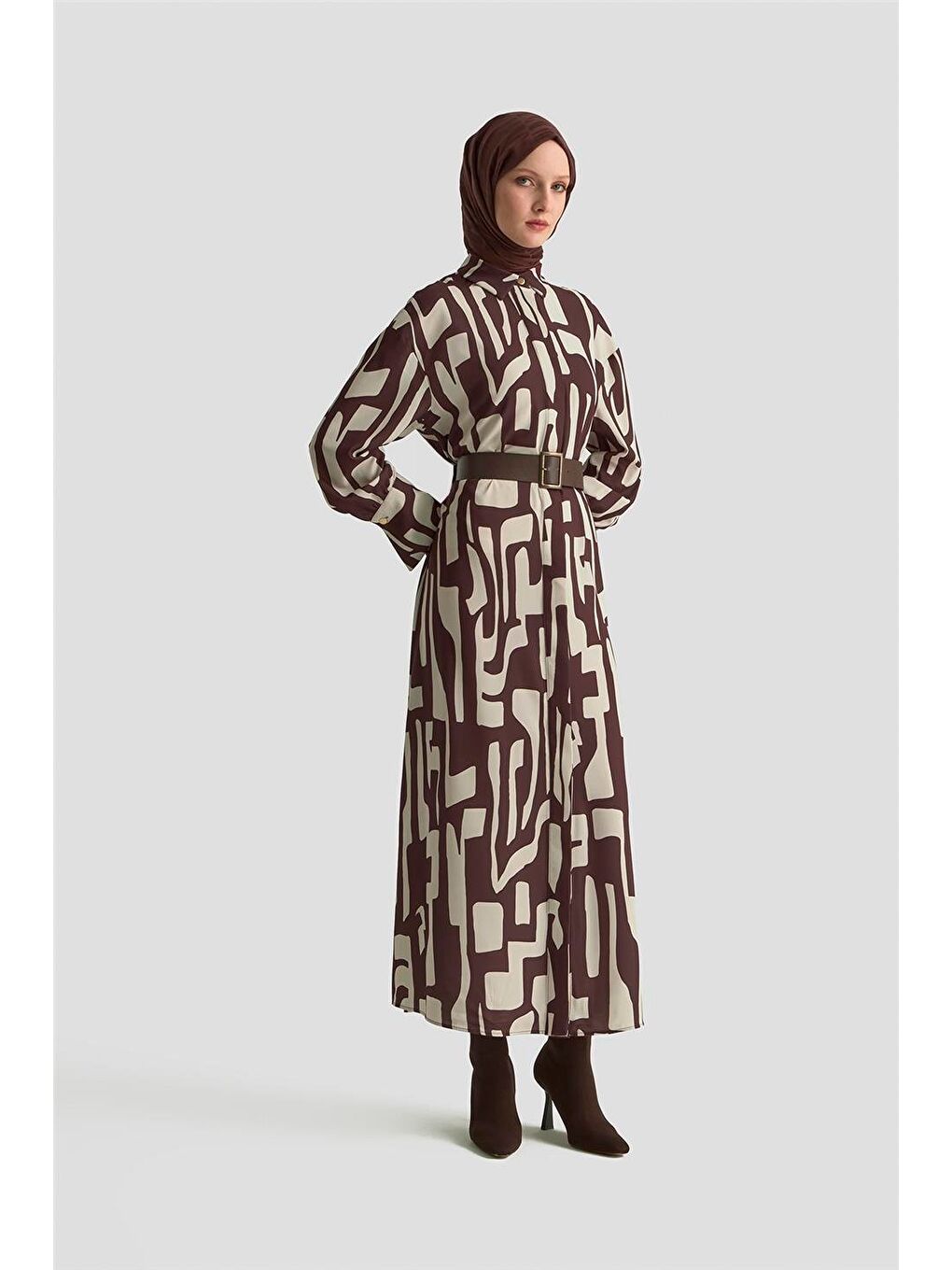 Bej Soyut Desenli Elbise 25Kd1013 Vizon