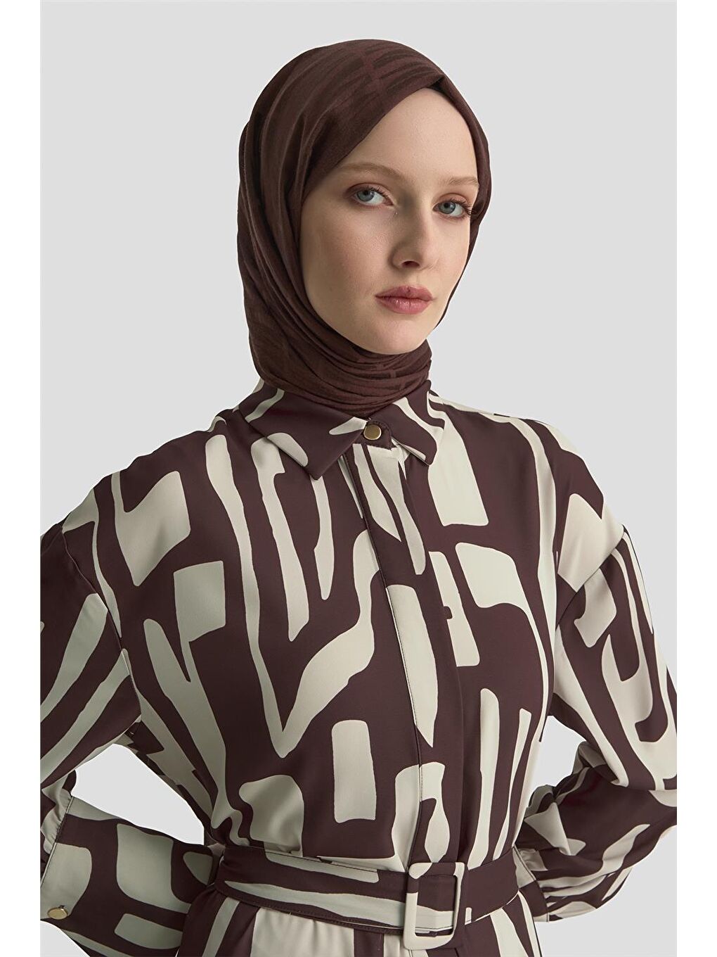 Bej Soyut Desenli Elbise 25Kd1013 Vizon-1