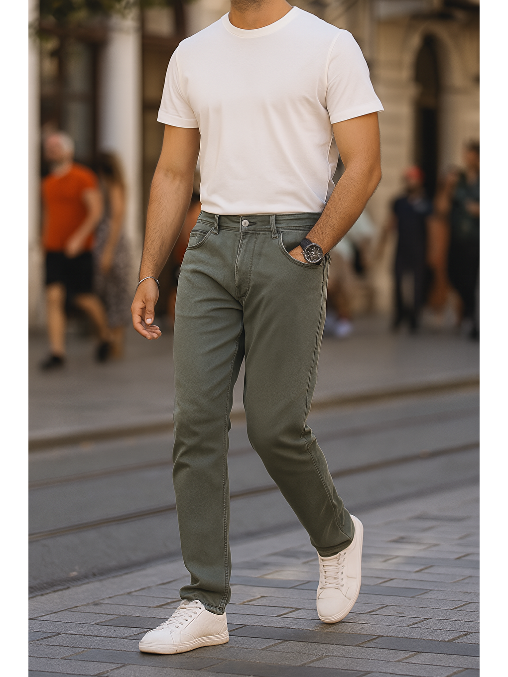 Erkek Pamuklu Yüksek Bel Bol Yeşil Baggy Jean Pantolon