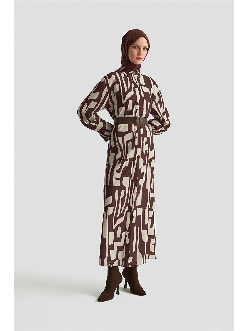 Bej Soyut Desenli Elbise 25Kd1013 Vizon-2
