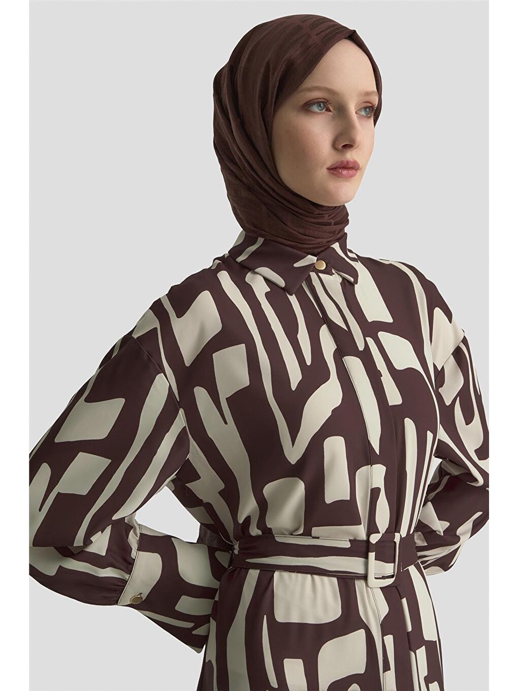 Bej Soyut Desenli Elbise 25Kd1013 Vizon-3