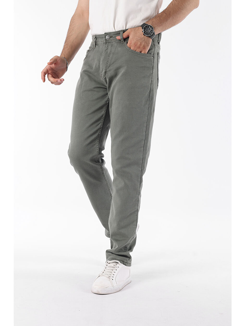 Erkek Pamuklu Yüksek Bel Bol Yeşil Baggy Jean Pantolon-1