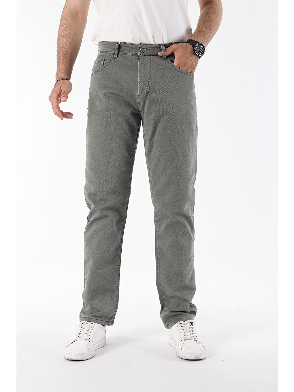 Erkek Pamuklu Yüksek Bel Bol Yeşil Baggy Jean Pantolon-2