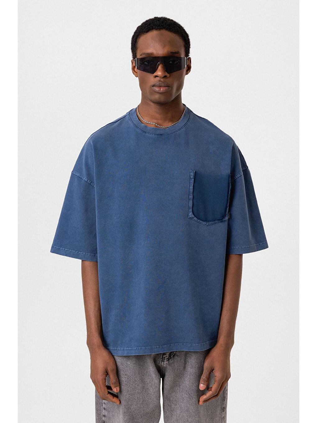 Yıkamalı Cep Detaylı Oversize Tişört İndigo-2