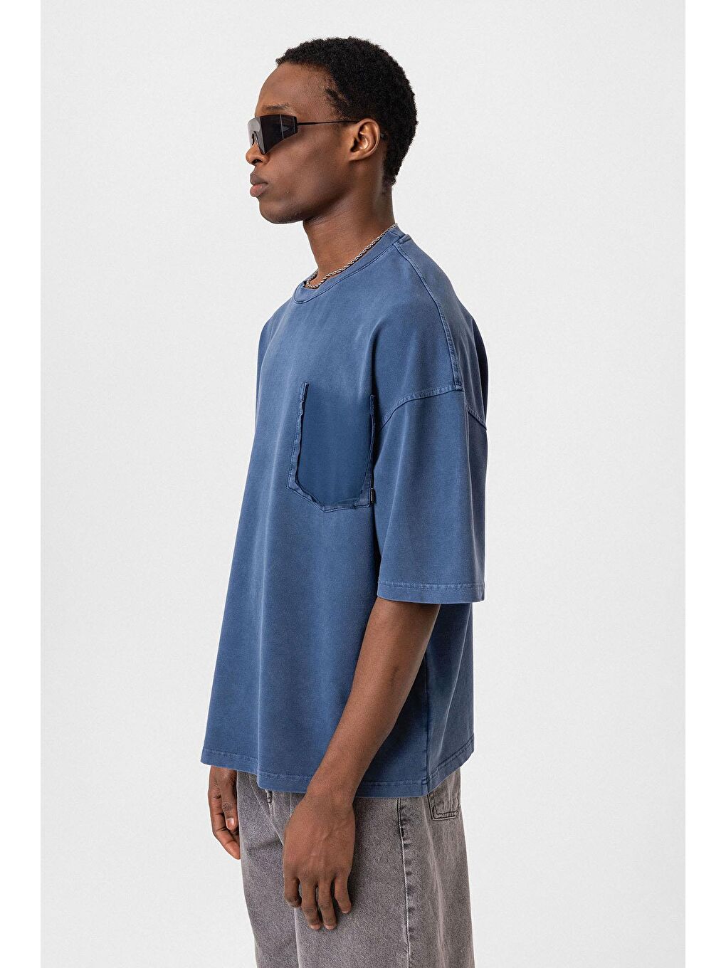 Yıkamalı Cep Detaylı Oversize Tişört İndigo-3