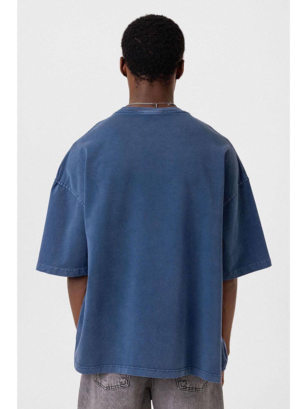 Yıkamalı Cep Detaylı Oversize Tişört İndigo-4