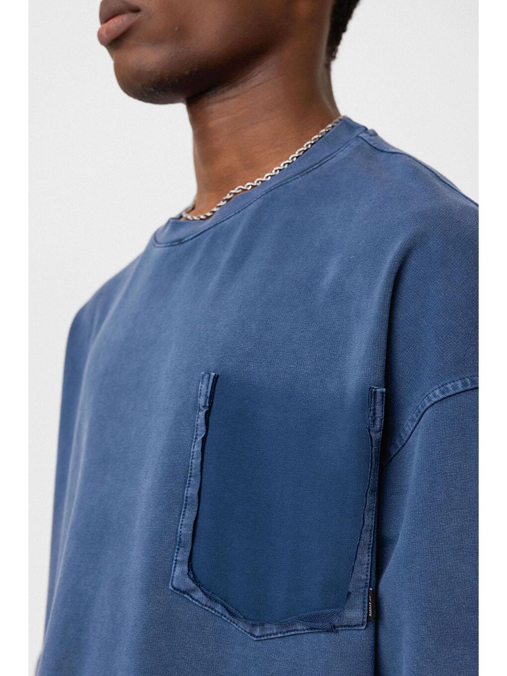 Yıkamalı Cep Detaylı Oversize Tişört İndigo-5