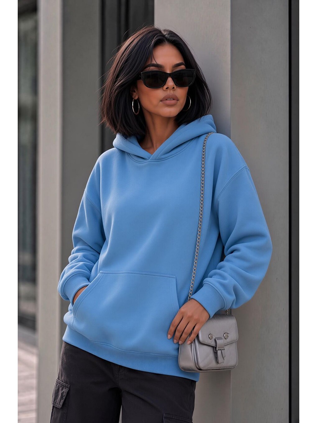 Turkuaz Bery Kadın İki İplik Şardonlu Oversize Kapüşonlu Basic Sweatshirt | Kanguru Cepli Düz Renk Günlük Ho-1