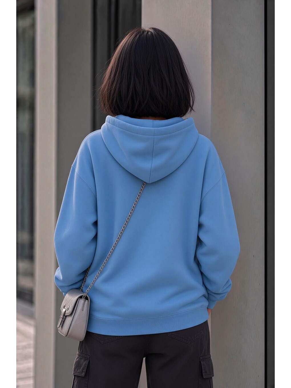 Turkuaz Bery Kadın İki İplik Şardonlu Oversize Kapüşonlu Basic Sweatshirt | Kanguru Cepli Düz Renk Günlük Ho-2