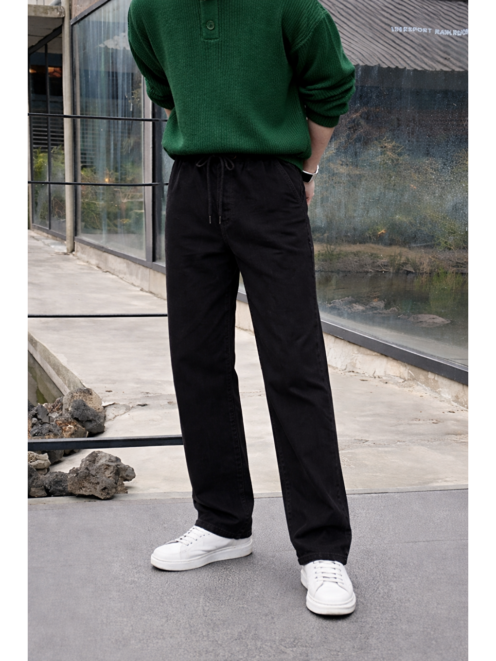 Erkek Beli Lastikli Jogger Siyah Bol Paça Baggy Pantolon-1