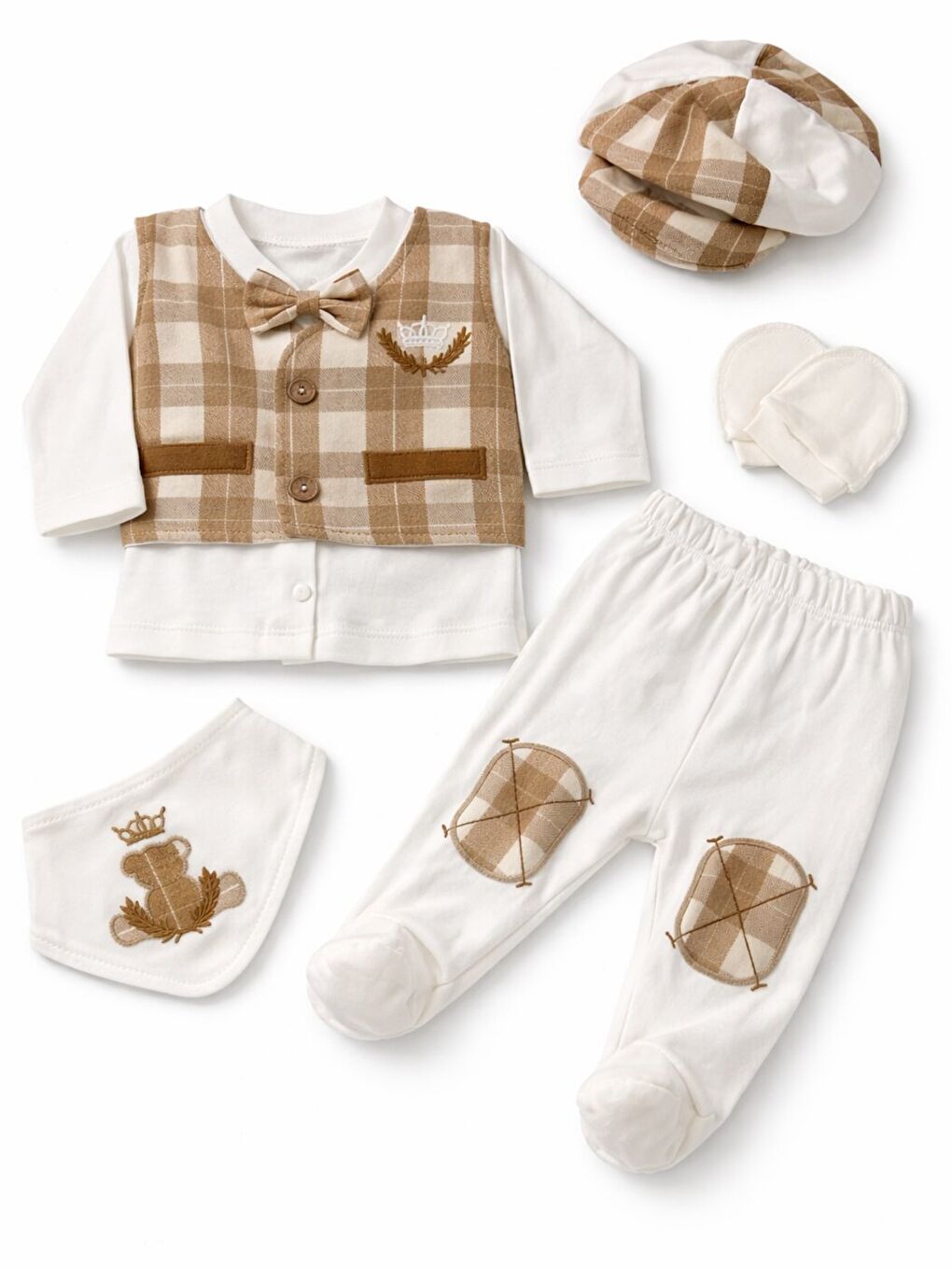 Kahverengi Erkek Bebek Lüx Kutulu Taçlı Pamuklu 5li Hastane Çıkış Seti Yenidoğan Hediye 0-3 ay