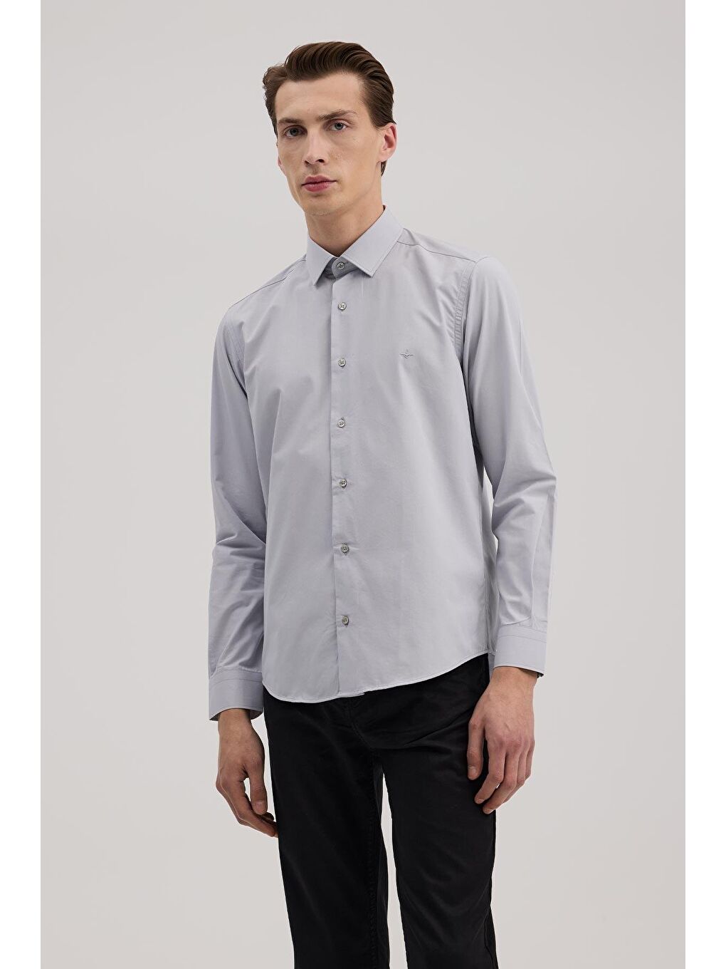 Gri Slim Fit İtalyan Yaka Klasik Kravatlık Pamuklu Gömlek-1