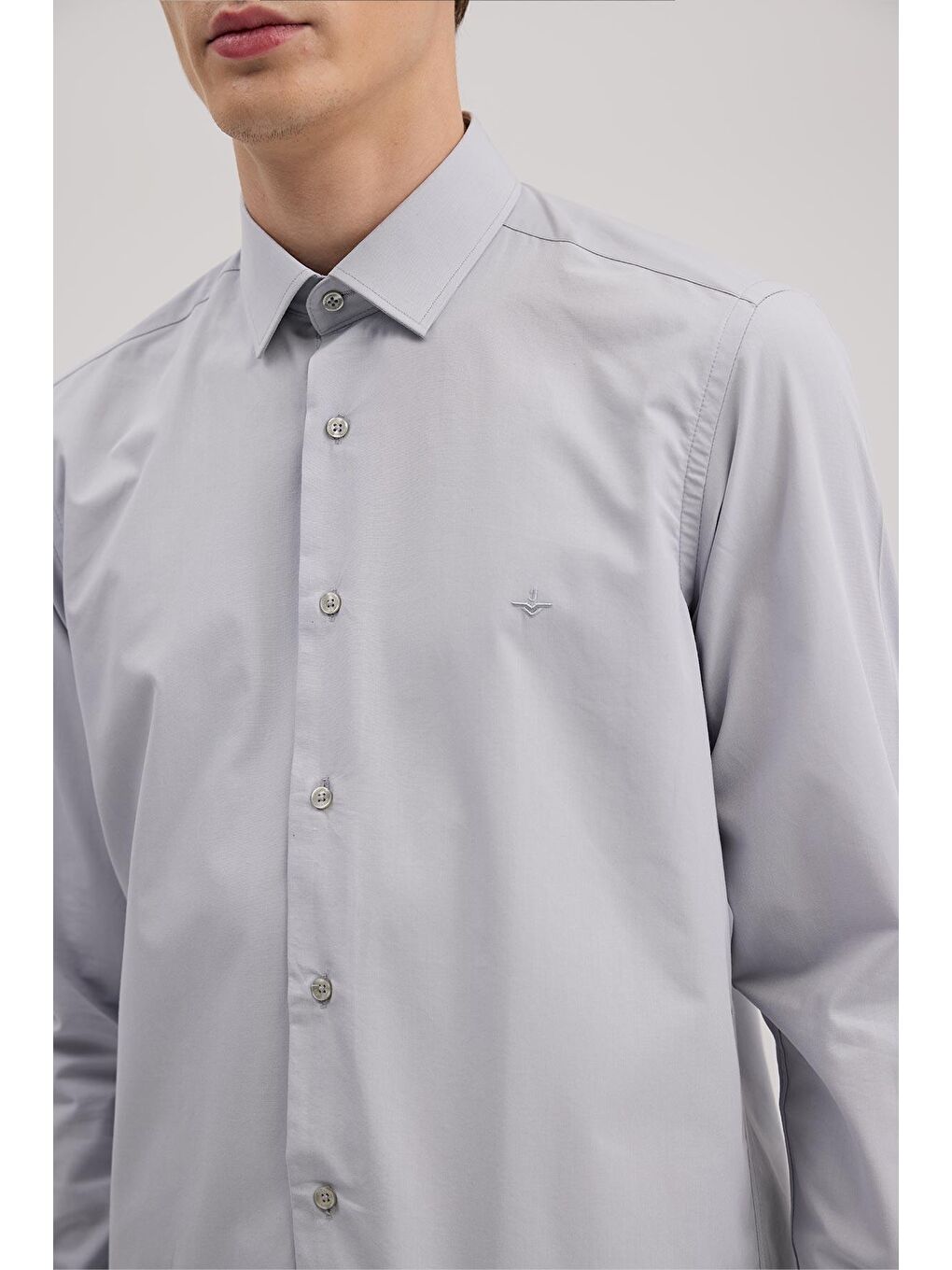 Gri Slim Fit İtalyan Yaka Klasik Kravatlık Pamuklu Gömlek-2